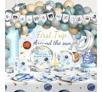 Hombae First Trip Around the Sun Birthday Decorations, 1st Birthday Decorations Boy, Outer Space 1st Party Décor, Space themed Backdrop Balloon Banner Tablecloth Cake Topper Plates Napkins Forks