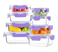 HOMBERKING 8 Pack Glass Food Storage Containers with Lids, Meal Prep Containers, Airtight Bento Boxes with Leak Proof Locking for Microwave, Oven, Freezer and Dishwasher, BPA Free, 5-35oz, purple