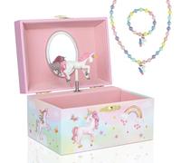 hombrima Music Jewellery Box with Necklace Bracelet, Musical Jewelry Storage Case with Spinning Unicorn Gift Set for Kids Girls Children Daughter (ShinyPink-Horse)