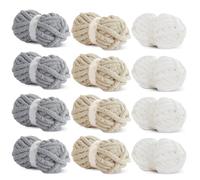 HOMBYS 12 Pack Chunky Yarn for Crocheting & Knitting, Super Bulky Soft Fluffy Plush Fuzzy Thick Chenille Yarn, 4 Cream, 4 Light Grey, 4 Khaki (Each 27yds, 8 oz)