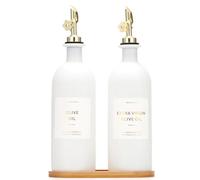 HOMCDALY Olive Oil Dispenser for Kitchen, 16oz Glass Oil Bottles with Bamboo Tray, Gold Oil&Vinegar Cruet Set, Kitchen Dispenser Bottles with Pourer | Set of 2 (16oz - Gold)