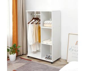 HOMCOM 02-0604 Rolling Open Wardrobe with Aluminium Hanging Rail, 3 Shelves, 4 Wheels - White, 128x80x40 cm