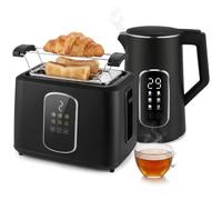 HOMCOM 1.5L 3000W Kettle and Toaster Set with LED Touch Screen, Black | Electric Kettle w/ Strix Thermostat, Stainless Steel, 2 Hour Keep Warm, 2 Slice Toaster, Warming Rack, 6 Browning Levels 930W