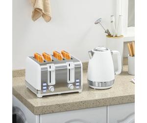 Homcom 1.7L 3000W Quick Boil Kettle And 4 Slice Toaster Set Crumb Tray White