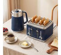 HOMCOM Electric Stainless Steel Kettle and Toaster Set, 3000W 1.7L UK Strix Thermostat Fast Boil Kettle w/Limescale Filter, Cool Touch Body, 4 Slice Toaster with 7 Browning Levels, Dark Blue