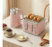 HOMCOM 1.7L 3000W Rapid Boil Kettle And 4 Slice Toaster Set Crumb Tray Pink, Pink