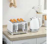 HOMCOM Stainless Steel Kettle and Toaster Set, 1.7L 3000W Rapid Boil Jug Kettle with UK Strix Thermostat, Limescale Filter, 4 Slice Toaster with 7 Browning Controls, Crumb Tray, White and Silver Tone