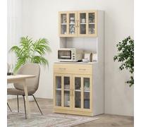 HOMCOM 180cm Kitchen Cabinet Freestanding Cupboard with Glass Door Drawer in Light Brown HOMCOM Light Brown