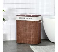 HOMCOM 100L Laundry Basket with Lid String Handles, 2 Section Collapsible Hamper Removable Lining Foldable Water-Resistant Dirty Clothes Storage, Brown