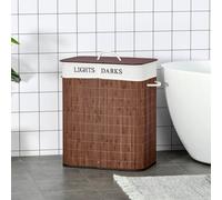 HOMCOM 100L Laundry Basket with Lid String Handles, 2 Section Collapsible Hamper Removable Lining Foldable Water-Resistant Dirty Clothes Storage, Brown