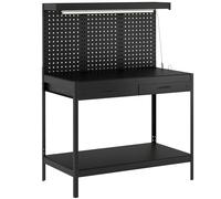 HOMCOM 110 cm Workbench with Pegboard, Heavy Duty Work Table with Power Strip and LED Light, Black