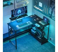 HOMCOM 114.5 cm L-Shaped Gaming Desk, Computer Desk with LED Lights, Power Station and Adjustable Mesh Shelf , Black