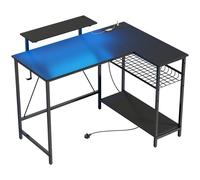 HOMCOM 114.5 cm L-Shaped Gaming Desk, Computer Desk with LED Lights, Power Station and Adjustable Mesh Shelf , Black
