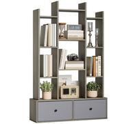 Homcom 12-Tier Bookshelf, Bookcase W 2 Folding Drawer, Graphite Wood Effect