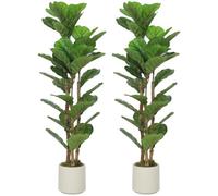 HOMCOM 120cm Artificial Fiddle Leaf Fig Trees Set of 2 with 45 Leaves Green | Solid Wood Trunks, Decorative Artificial Plants, in Pot, Indoor Living Room, Office, Home Decor