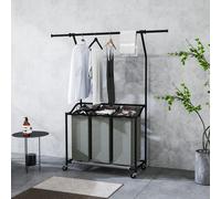 HOMCOM 126L Laundry Sorter, Rolling Wash Basket with Hanging Rail and Mobile 3-Bag Organiser for Bedroom, Bathroom, Laundry Room, 88-149.5L x 40W x 167H cm, Dark Grey