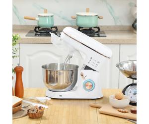 HOMCOM 1400W Electric Stand Mixer, 5L White, Tilt-Head, 6 Speeds + Pulse, Includes Whisk, Dough Hook & Beater - 800-251V70WT