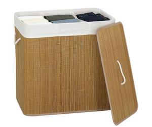 HOMCOM 144L Laundry Basket with Lid 2 Section Laundry Hamper Brown | Bamboo, Removable and Washable Liner, Handles, Dirty Clothes Hamper, Bathroom, Bedroom