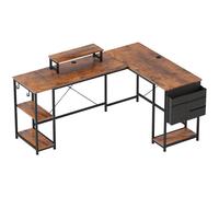 HOMCOM 168cm Reversible L Shaped Desk, Industrial Corner Computer Desk with Adjustable Shelf and Storage Bag, 240cm 2 Person PC Table with Monitor Stand, Rustic Brown