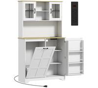 HOMCOM 175cm Tall Kitchen Cabinet, Kitchen Cupboard with Rubbish Bin Cabinet, 3 Door Shelves and 2 Acrylic Doors, White