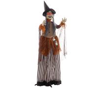 HOMCOM 183 cm Life Size Halloween Animated Standing Fat-Faced Witch with Red Light Up Eyes, Sound Activated Moving Arms & Head, Scary Witch Halloween Decorations, Battery Operated, Indoor Party Props