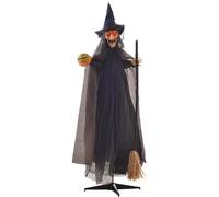 HOMCOM 190cm 75" Witch with Broomstick Outdoor Halloween Decoration, Halloween Animatronic with Sound Activated, Light Up Eyes, Sound Effects, Animated Prop for Haunted House