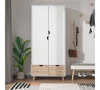 HOMCOM 2-Door Clothes Wardrobe w/ Rail Shelf 2 Storage Drawers Wood Feet White - White