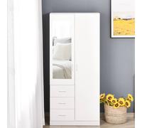 Modern Mirror Wardrobe 2 Door Storage Cupboards Home Storage Organisation Furniture with Adjustable Shelf - Hanging Rail and 3 Drawers - 180cm - White