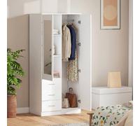 Modern Mirror Wardrobe 2 Door Storage Cupboards Home Storage Organisation Furniture With Adjustable Shelf - Hanging Rail And 3 Drawers - 180cm - White