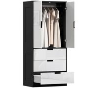 HOMCOM 2 Door Wardrobe White Wardrobe with 3 Drawer and Hanging Rod for Bedroom | TJ Hughes