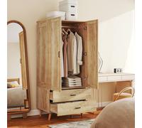 HOMCOM 2 Door Wardrobe with 2 Drawers and Hanging Rail for Bedroom - Natural wood finish