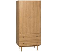 HOMCOM 2 Door Wardrobe with 2 Drawers, Hanging Rail, Natural Wood Colour | Anti-tipping Design, Bedroom Clothes Storage Organiser