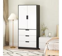 HOMCOM 2 Door Wardrobe Brown Wardrobe with 3 Drawer and Hanging Rod Brown - Black