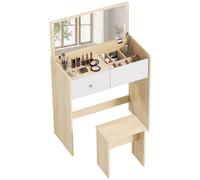 Homcom 2-In-1 Dressing Table Flip Top Mirror And Hidden Stool, White Oak