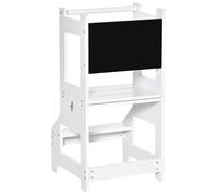 HOMCOM 2-in-1 Kids Kitchen Step Stool Table Chai Set W/Safety Rail Chalkboad, Wh