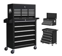 HOMCOM 2 in 1 Rolling Tool Cabinet on Wheels with 14 Drawers, Pegboard and Side Rack, Lockable Top Tool Chest and Roller Cabinet Combo for Workshop and Home, Black