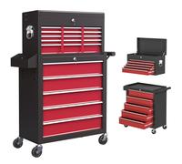 HOMCOM 2 in 1 Rolling Tool Cabinet on Wheels with 14 Drawers, Pegboard and Side Rack, Lockable Top Tool Chest and Roller Cabinet Combo for Workshop and Home, Red Red