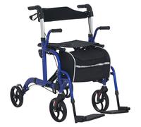 HOMCOM 2 in 1 Wheelchair, Folding Rollator Walker with Seat, Backrest, Footrest, Lightweight Walking Frame with Bag for Seniors, Pearl Blue Aosom UK