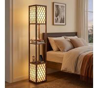 HOMCOM Floor Lamp with Shelves, Modern Tall Standing Lamp, Rustic Brown | Fabric Lampshades, Zipper Switch, Dual Light, Living Room Bedroom, Bulbs Not Included