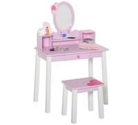 HOMCOM 2 PCS Kids Wooden Dressing Table and Stool Girls Vanity Table Makeup Table Set with Mirror Drawers Role Play Toy for Toddlers Age 3 Years +, Pink and White Pink