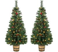 HOMCOM 2 PCs Prelit Christmas Trees with Dual-Colour LEDs, Berry, Pinecones, Battery-Operated, 11 Modes, Pot, Remote, 4ft