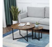 HOMCOM 2 Pcs Round Coffee Table with Metal Frame Side Accent Tables Brown