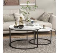 HOMCOM 2 Pcs Stacking Coffee Table Set Steel Frame Marble effect Top Foot Pads, White