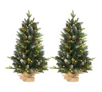 HOMCOM Set of Two Table Top 3ft Artificial Christmas Trees with Lights and Decorations - Green, Green