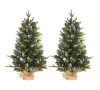 HOMCOM 2 Pieces 3ft Prelit Artificial Christmas Tree with LED Light and 291 Tips, Concrete Base, Tabletop Xmas Tree with Pine Cones and Red Berries, Green