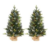 HOMCOM 2 Pieces 3ft Prelit Artificial Christmas Tree with LED Light Green | 291 Tips, Concrete Base, Tabletop Xmas Tree, Pine Cones, Red Berries
