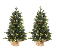 HOMCOM 2 Pieces 3ft Small Christmas Tree With Lights and 291 Tips, Concrete Base, Tabletop Xmas Tree w/ Pine Cones and Red Berries, Green Aosom UK