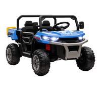 HOMCOM 2 Seater Kids Ride On Car with Electric Bucket, 12V Battery Powered Electric UTV with Shovel, Parental Remote, 4 Spring Suspension Wheels, Working Horn, Music - Blue Blue