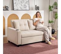 HOMCOM 2 Seater Pull Out Sofa Bed with Pockets for Living Room Beige, White
