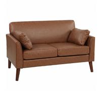 HOMCOM 2 Seater Sofa, 132 cm Modern Small Sofa with Solid Wood Legs and 2 Pillows for Small Space, Brown